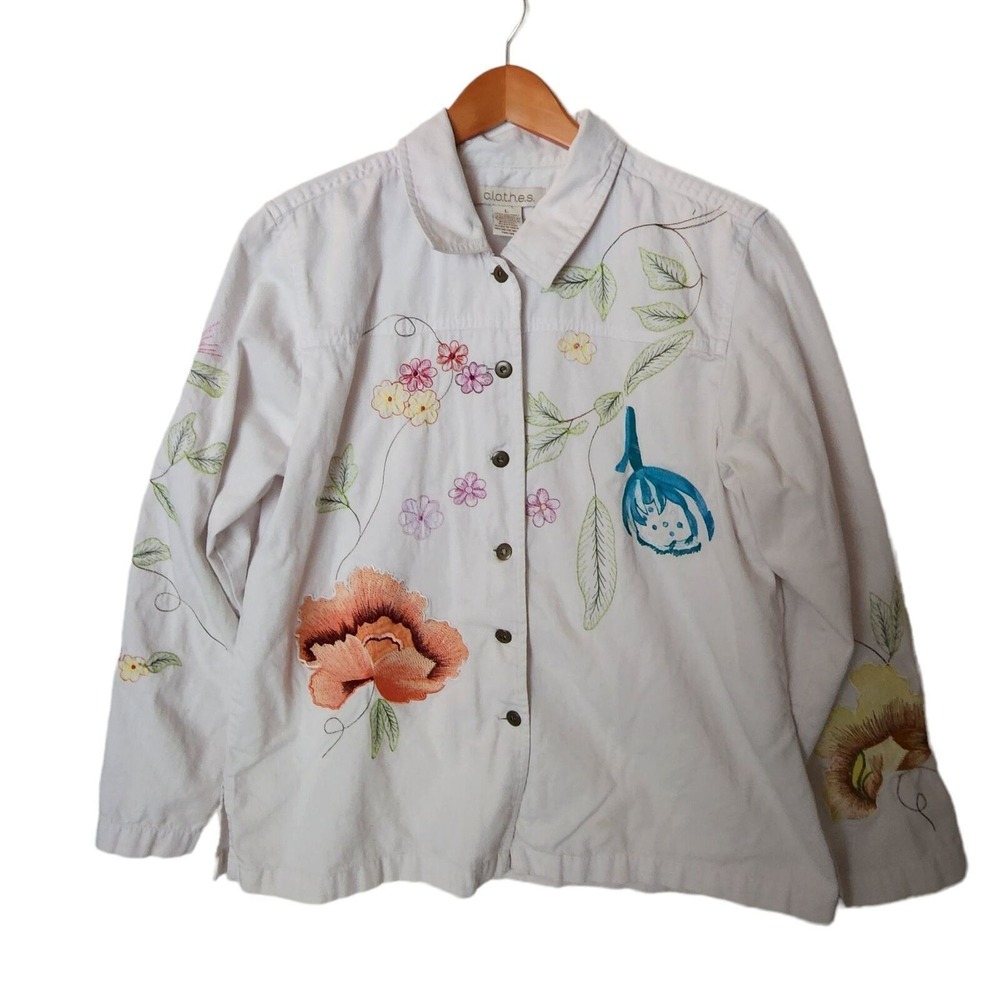 C.L.O.T.H.E.S. Embroidered White Jacket Shirt Floral L Large